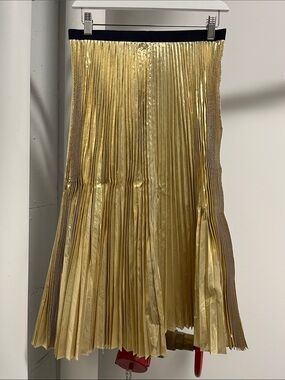 Sacai Gold Pleated Metallic Midi Skirt with Black Waistband